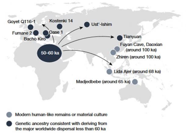 Places of early individuals with modern human descent in Eurasia, together with sites that may indicate an earlier distribution in Asia and Sahul (the continental shelf in Australia)