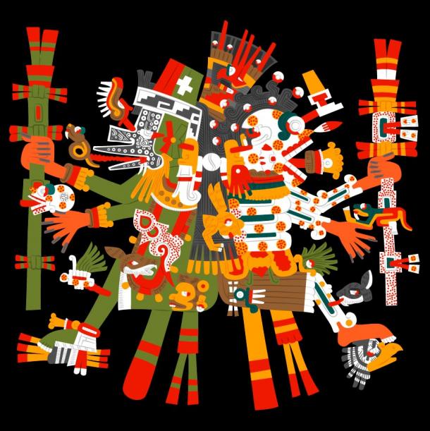 Mictlantecuhtli, god of death, the lord of the Underworld and Quetzalcoatl, god of wisdom, life, knowledge, morning star, patron of the winds and light, the lord of the West. Together they symbolize life and death