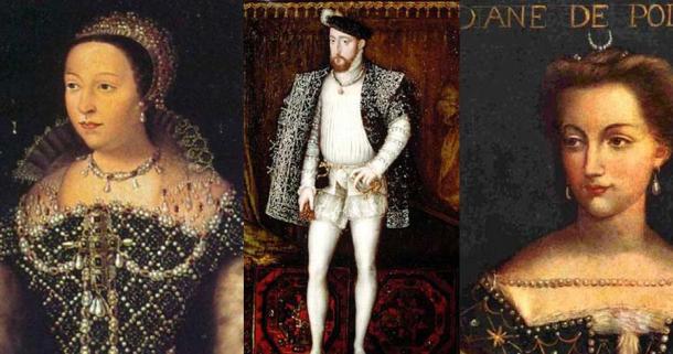 Royal love triangle: Catherine de’ Medici as queen of France. (Public Domain) Center: Henry II of France. (Public Domain) Right: A portrait of Diane de Poitiers. Source: Public Domain
