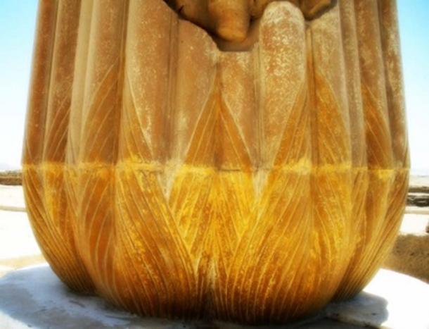 The lower half of a restored column in front of the Sanctuary of the Small Aten Temple. Tell el-Amarna.