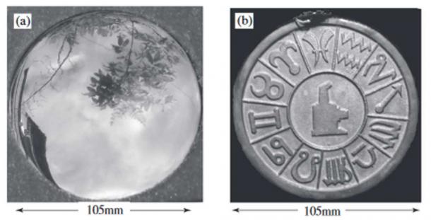 (a) Convex reflecting face of magic mirror. (b) Pattern embossed on back face of magic mirror.
