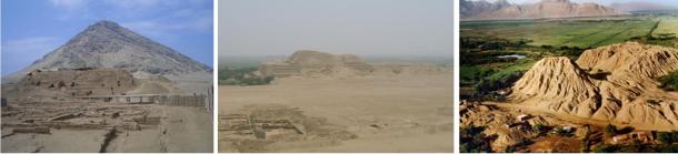 Most of the Moche ceramics have been recovered from the major archaeological sites of Huaca de la Luna, Huaca del Sol, and Sipán, shown respectively from left to right.