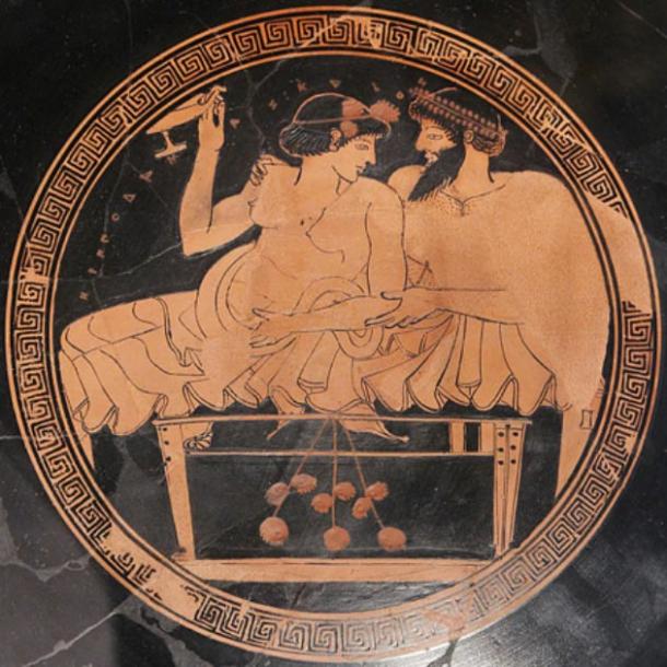 A man and a prostitute reclining on a bench during a banquet; Tondo from an Attic red-figure kylix, circa 490 BC. (Marie-Lan Nguyen/CC BY SA 2.5)
