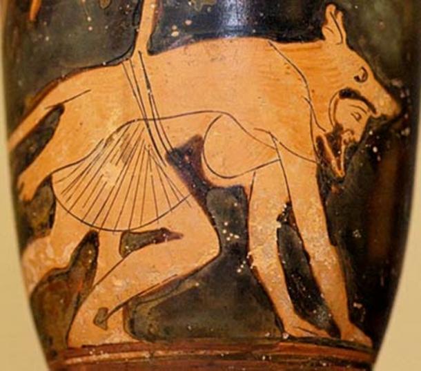 Depiction of a man wearing a wolf-skin (460 BC).