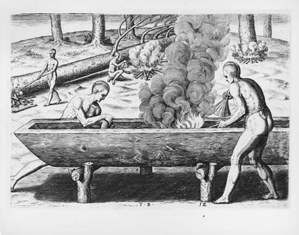 "La forma de hacer sus barcos." por Theodor de Bry a partir de una acuarela de John White de 1590. Los nativos americanos hacen una canoa con raspadores de conchas. (Dominio publico)