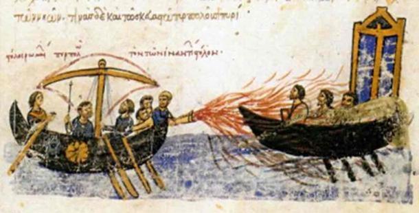 Image from an illuminated manuscript, the Madrid Skylitzes, showing Greek fire in use against the fleet of the rebel Thomas the Slav. The caption above the left ship reads, “The fleet of the Romans setting ablaze the fleet of the enemies.” (Public Domain)