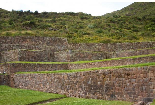 The many-leveled terraces of the Tipón Incan agricultural site. 