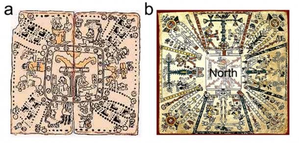 Figura 1. Mapas de cosmovisión que muestran la partición en ocho de la cuadrícula global. (a) Cosmograma maya del Codex Madrid. En el centro está el Árbol de la Vida, el eje polar, que está rodeado por ocho deidades y varios signos del calendario que definen sus cualidades espirituales. (b) Cosmograma azteca del Codex Fejérváry-Mayer con una deidad central al norte desde la cual los árboles de la vida se proyectan en ocho direcciones diferentes.