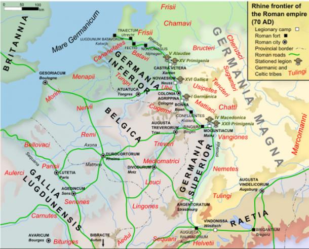 Map of north-eastern Gaul around 70 AD and Rhine frontier of the Roman empire, 70AD, showing the location of the Batavi in the Rhine delta region. Roman territory shaded dark.