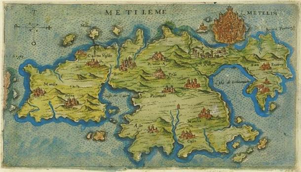 A (1597) carte de Lesbos (Mytilène), lieu de la naissance de Barbarossa.
