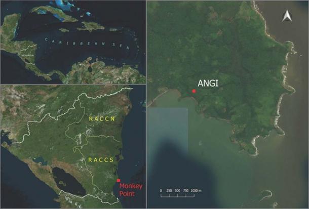 Left Top - A map of Nicaragua, where the ancient woman's remains were found; Left Bottom - Monkey Point, the site of the archaeological dig; Right - a zoomed-in image of Monkey Point, showing the exact spot of the Angi site. (Roksandic M / Antiquity)