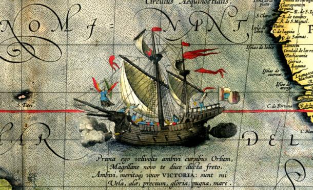 Detail from a map of Ortelius: Magellan's ship Victoria