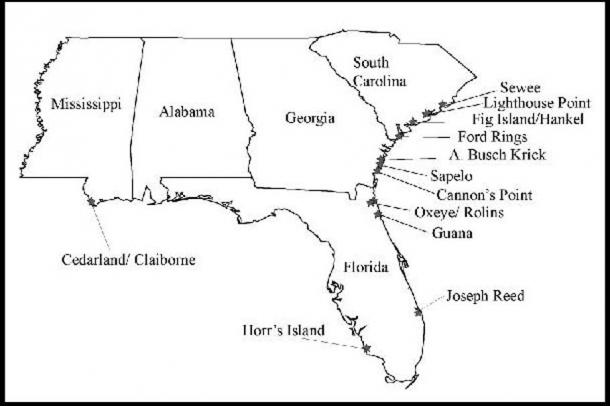 A map of the southeastern United States indicating locations of shell rings along the coast. (Via author Jim Willis)