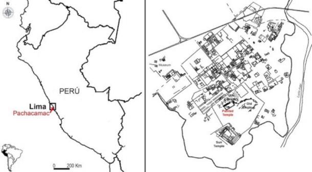 This map shows the Pachacamac archaeological site and the location of the painted temple, where the idol was discovered in 1938. (Sepúlveda M, Pozzi-Escot D, Angeles Falcón R, Bermeo N, Lebon M, Moulhérat C, et al. (2020)/ PlosOne)