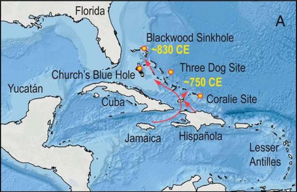 Map showing the key locations used for understanding the Lucayan migration patterns throughout the Bahamas. (Fall, P. et. al. / PNAS)