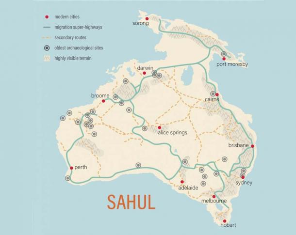 Map of the giant Pleistocene-era supercontinent known as Sahul, as it looked approximately 50,000 years ago. The green lines mark the primary travel routes or “superhighways” that emerged as result of billions of computer simulations. (Meg Davidson / Sandia National Laboratories)