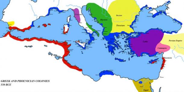 Greek (Blue) and Phoenician (Red) Colonies around 6th century BC.