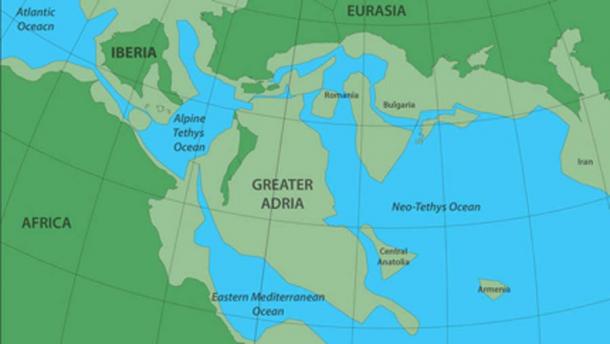 The ancient continent Greater Adria as it existed 140 million years ago, before sliding beneath what is now southern Europe. The darker green areas depict the land above the water and the lighter green, the land below. Source: Douwe van Hinsbergen.