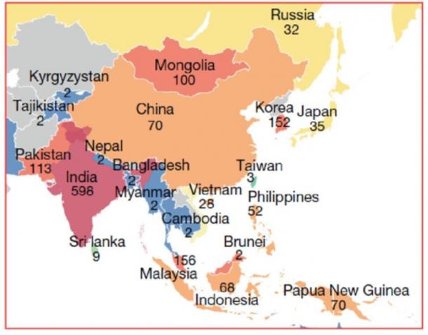 Map showing the locations of Asian populations featured in the new study, along with the total number of individuals from each area. (Author provided)