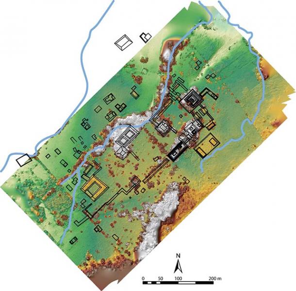 A map of the excavation site. The horseshoe-shaped structure to the left is the palace area. On the far right, center, is the Monuments Plaza. (Image Courtesy of Charles Golden/ Journal of Field Archaeology)