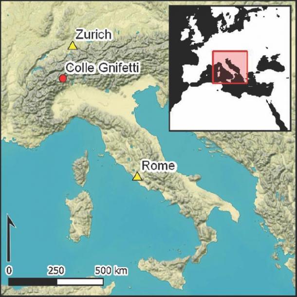 Map the Colle Gnifetti site of the alpine glacier in proximity to Italy and Switzerland. (Christopher Loveluck / Antiquity Publications Ltd)