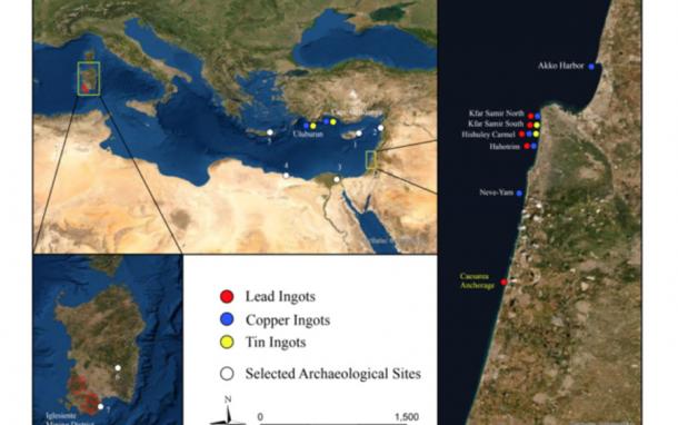 Mapa del Mediterráneo que muestra yacimientos de lingotes de cobre, estaño y plomo. (DM Finn/Journal of Archaeological Science: Informes)