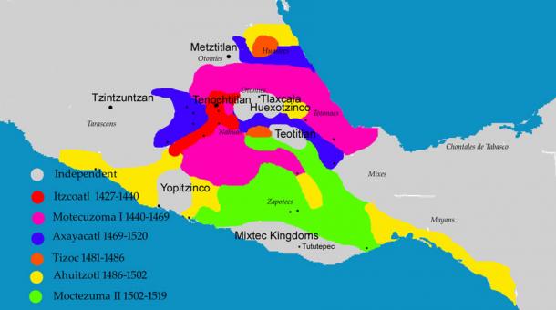 Este mapa de la expansión del Imperio Azteca muestra lo fácil que era tener un sitio de ofrendas de estrellas de mar gigantes lejos de la costa, ya que el imperio estaba bien establecido en el mar y en la tierra. (Mauno / Dominio público)