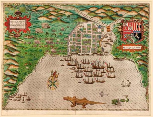 A map of Drake's voyage [showing Europe, western Africa, northern South America, and eastern North America]; the four other engravings consist of bird's-eye battle plan views of the cities of Santiago, Santo Domingo, Cartagena, and St. Augustine, Florida.(Public Domain)