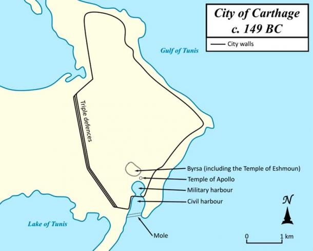 A map of the key locations and features in the city of Carthage around 149 BC, when the city was besieged by the Romans during the Third Punic War. (Harrias/CC BY-SA 4.0)
