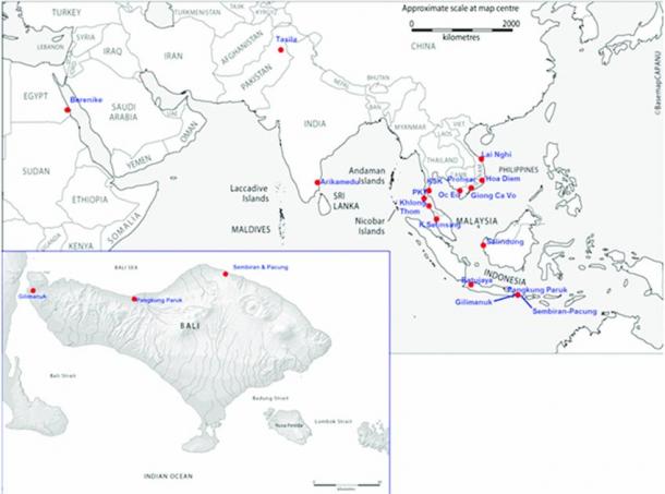 Maps of the Indian Ocean, showing sites mentioned in the article; the inset shows Bali in detail where the Bali gold was found. (templates by Base Map CAP, ANU & modified by A. Calo / Antiquity Publications Ltd)