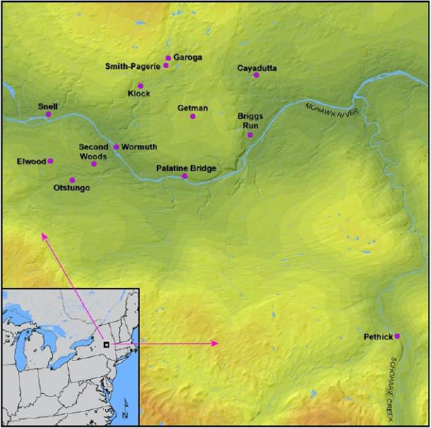 A map showing the Mohawk Valley region in northeast North America and all the Iroquoian sites analyzed in this study. (Manning, Hart / CC BY-SA 4.0)