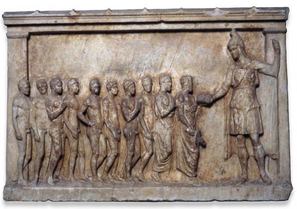 Marble votive relief, circa 400 BC to 375 BC, showing eight young Athenian men and two bearded officials. The ancient Greek graduate yearbook includes a list of names of young men who took the ephebic oath in Classical Athens upon induction into the military academy known as the Ephebic College. (The Trustees of the British Museum / CC BY-NC-SA 4.0)