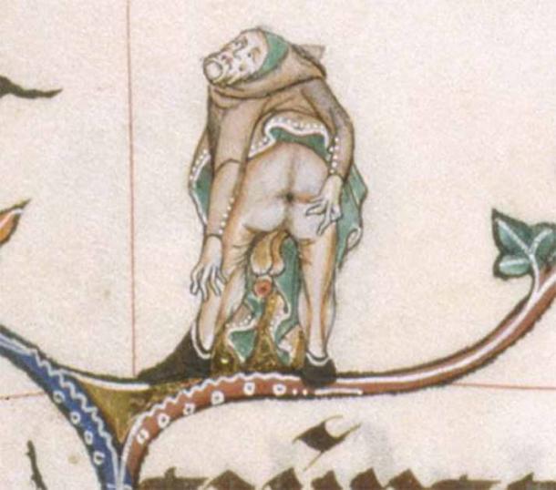 Pleasure to the sad eye!  Detail of a marginal scene of a man showing his anus.  (Britt Lieb, MS Supplementary 49622, p. 61f)