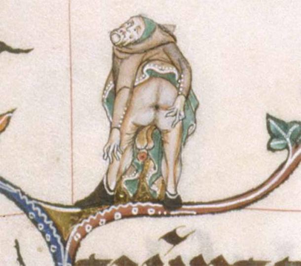 A sight for sore eyes! Detail of a marginal scene of a man displaying his anus. (Brit Lib, MS Additional 49622, f. 61r)