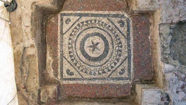 The lower mosaic of the mausoleum, revealed directly beneath its later counterpart. (MOLA)