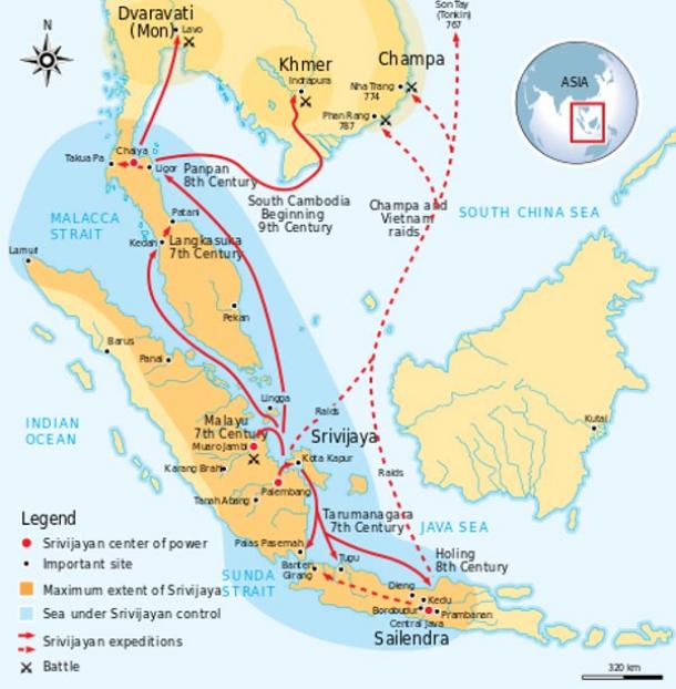 The maximum extent of the Srivijaya Empire during the 8th century.