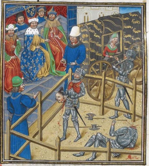 Miniature from medieval manuscript depicting the last duel between Le Gris and Carrouges. (British Library)