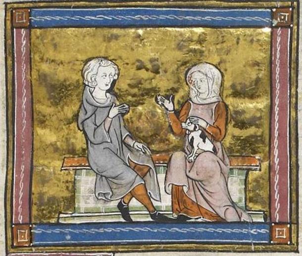 A miniature of Sir Lancelot, in conversation with a lady holding a small dog (c. 1315-1325). British Library