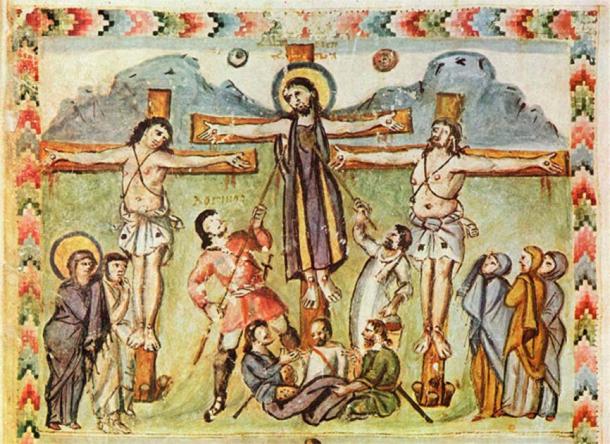 Crucifixion miniature depicting Jesus being pierced with a lance. Known as the Holy Lance or the Spear of Destiny, this lance has later been associated with several powerful historical figures. (Public domain)