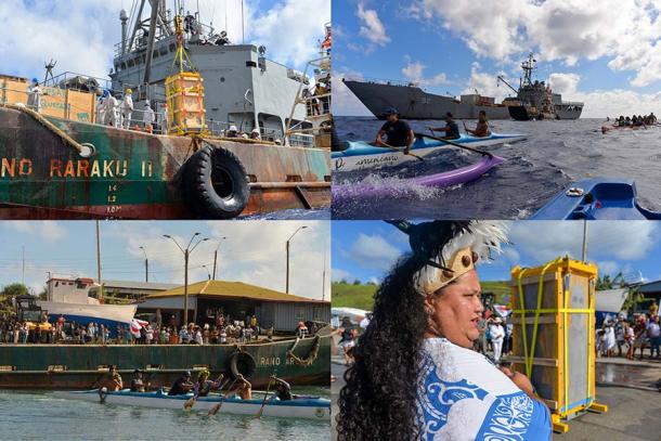The moai from Chile arriving at Easter Island in March 2022 and (bottom right) Anakena Manutomatoma during the moai welcome ceremony. (Paula Rossetti)