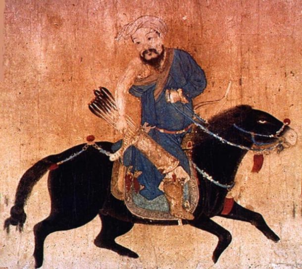 Drawing of a mobile Mongol soldier with bow and arrow wearing deel, traditional clothing.