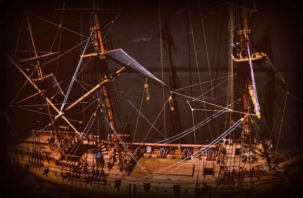 A model of the Whydah ship that went down off Cape Cod in 1717 with Captain Sam Bellamy aboard. The recently recovered pirate remains might include his skeleton
