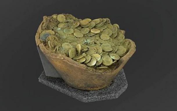 Un modelo 3D del antiguo frasco de monedas romano que fue encontrado por un arqueólogo aficionado en Suiza en septiembre de 2021. (Jan von Wartburg / Archaeologie Baselland)