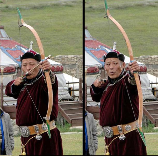 A modern Mongolian archer. “An absolute essential part of a Naadam (Festival) is archery. Mongolians use their thumb to draw the bow. Also, see how he controls his breathing at the last picture.” 
