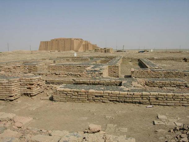 A modern reconstruction of the Ziggurat of Ur behind the ruins of the Giparu - the temple complex where Enheduanna lived and was buried in Ur.