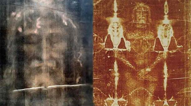 Modern, digitally processed image of the face on the shroud of Turin [left]. (Public domain) The full body image as seen on the shroud [right]. (Public domain)