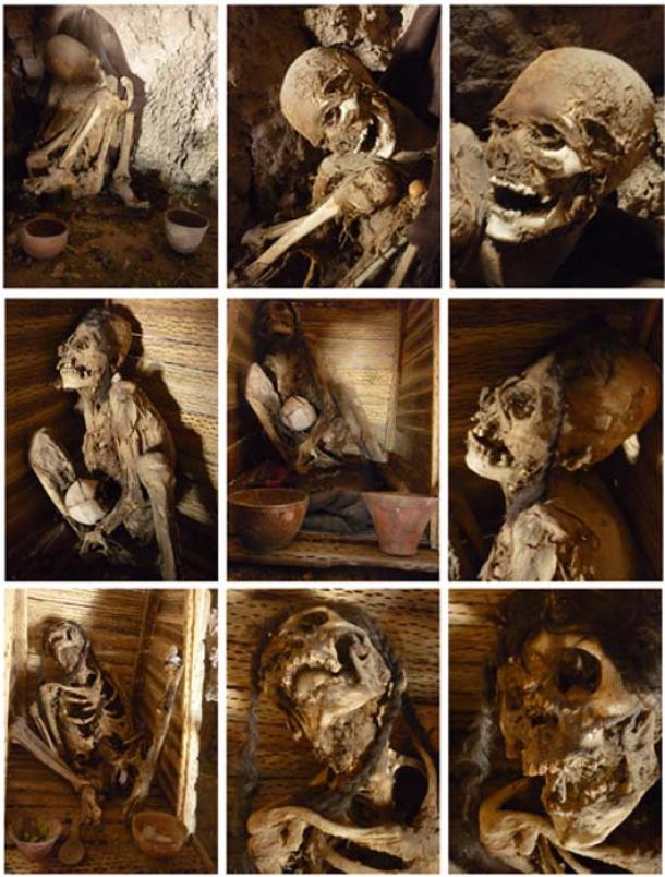 The “mummies” in the grotto. Its location, from left to right, in the first, second and third rows, respectively. a) The first “mummy”, in a fetal position. b) A woman and her infant. Notice the braid that still is preserved. c) The third “mummy”, also with braids. All have been accompanied with contemporary propitiatory elements such as coca leaves, cigarettes and alcohol. (Rafael Videla Eissmann)