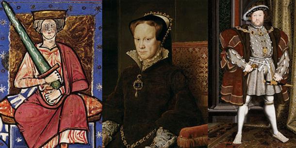 Ethelred the Unready [left], Mary I of England - Bloody Mary [center], and Henry the Eighth [right]. (Public Domain)