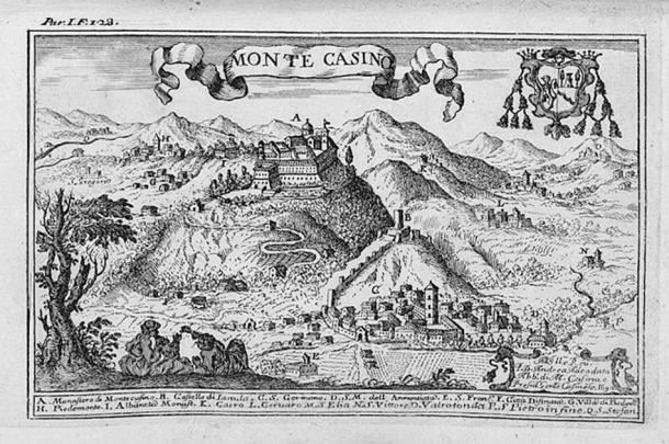 The monastery depicted in Giovan Battista Pacichelli's 1703 Il regno di Napoli in prospettiva (Fondo Antiguo de la Biblioteca de la Universidad de Sevilla from Sevilla, España/CC BY 2.0)