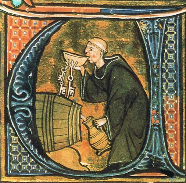 A monk sneaking a drink in the cellar. Illumination from a copy of ‘Li livres dou santé’ by Aldobrandino of Siena.